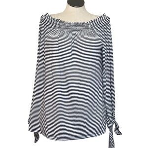 Joh Off The Shoulder Shirt Women’s Size L Color White/Black Stripes 3/4 Sleeve’s